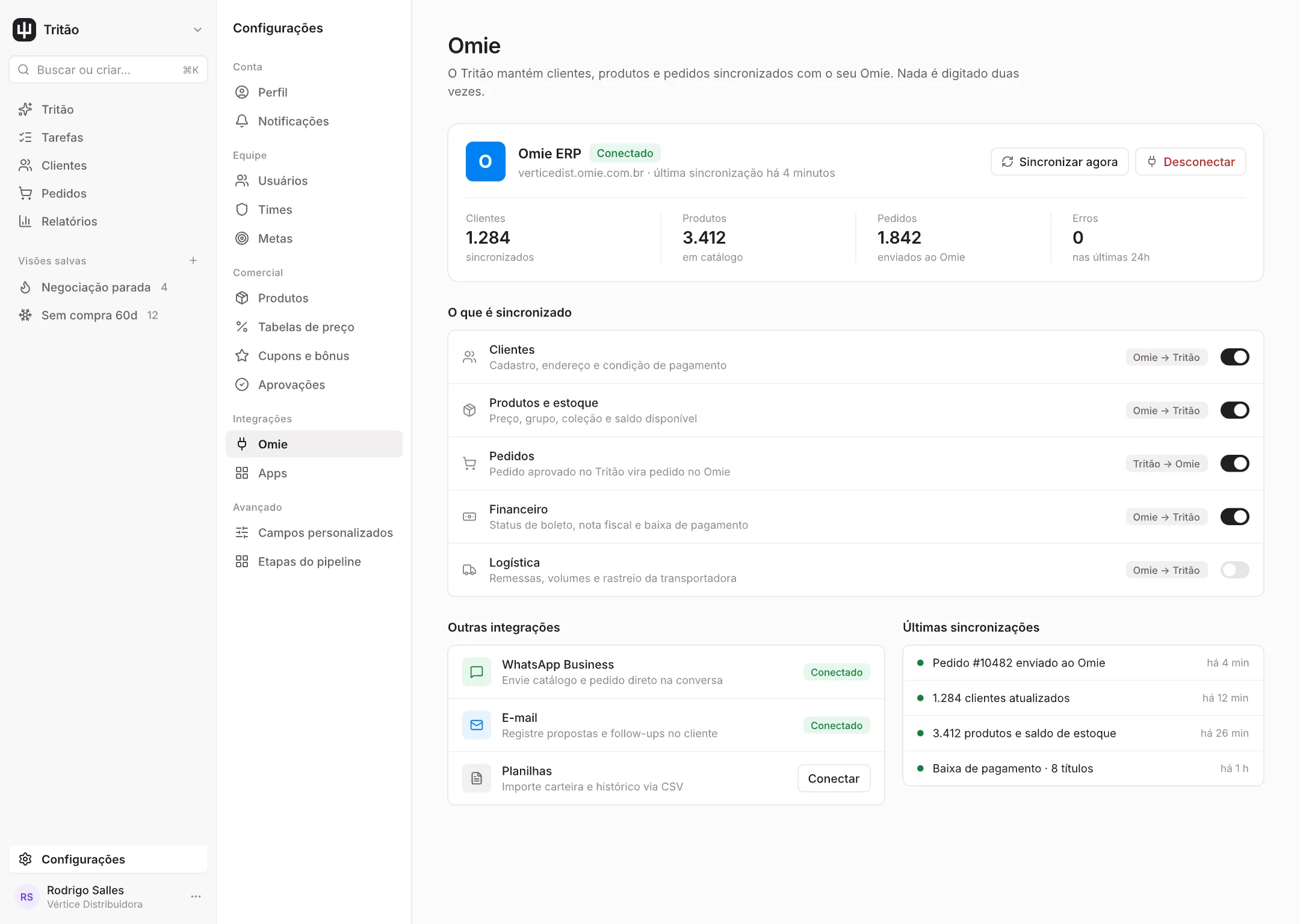 Tela de configuração da integração com o Omie no Tritão, mostrando o status da sincronização.