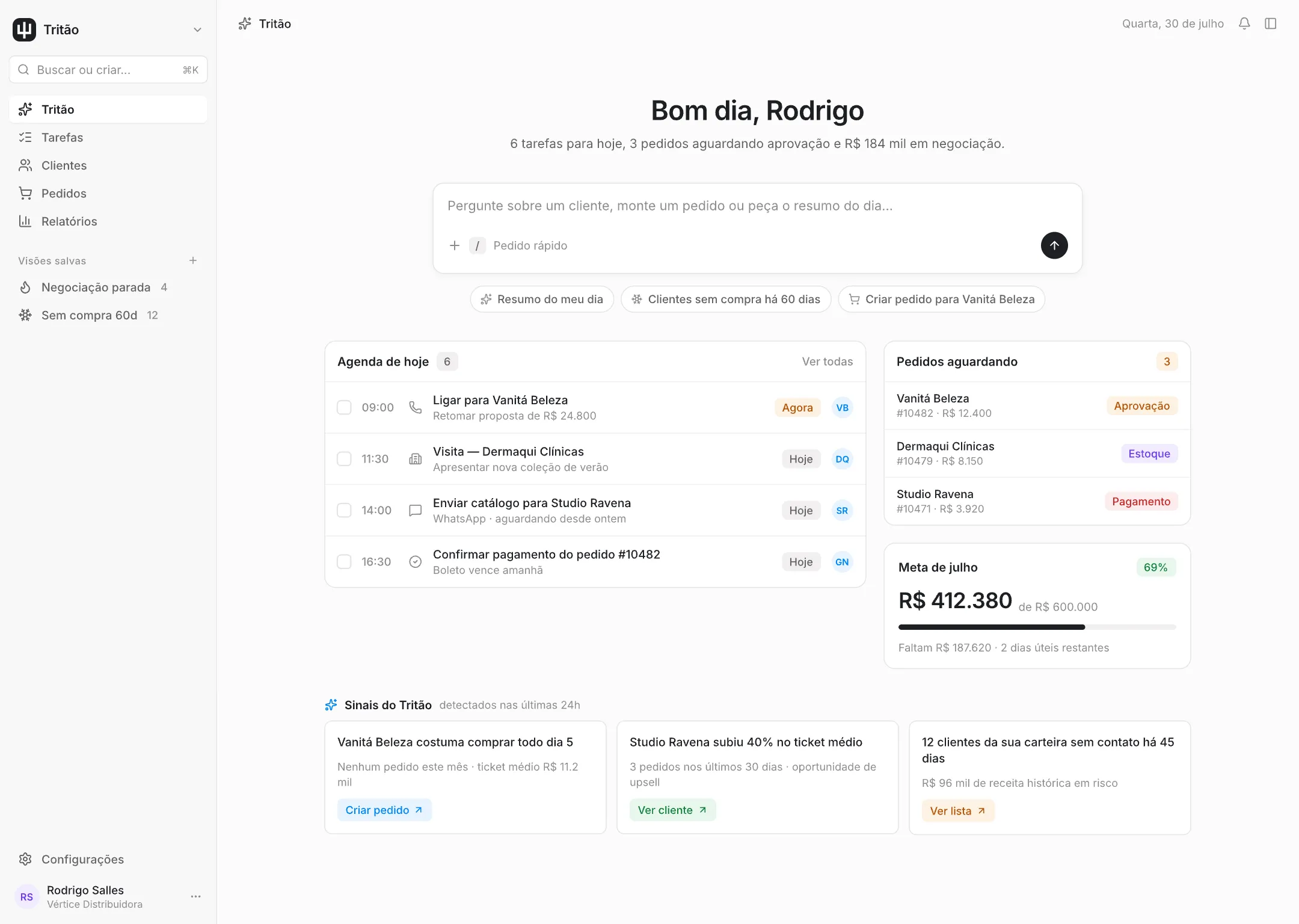 Tela inicial do Tritão: pergunta em português para a IA e resposta com os clientes da carteira que pararam de comprar.